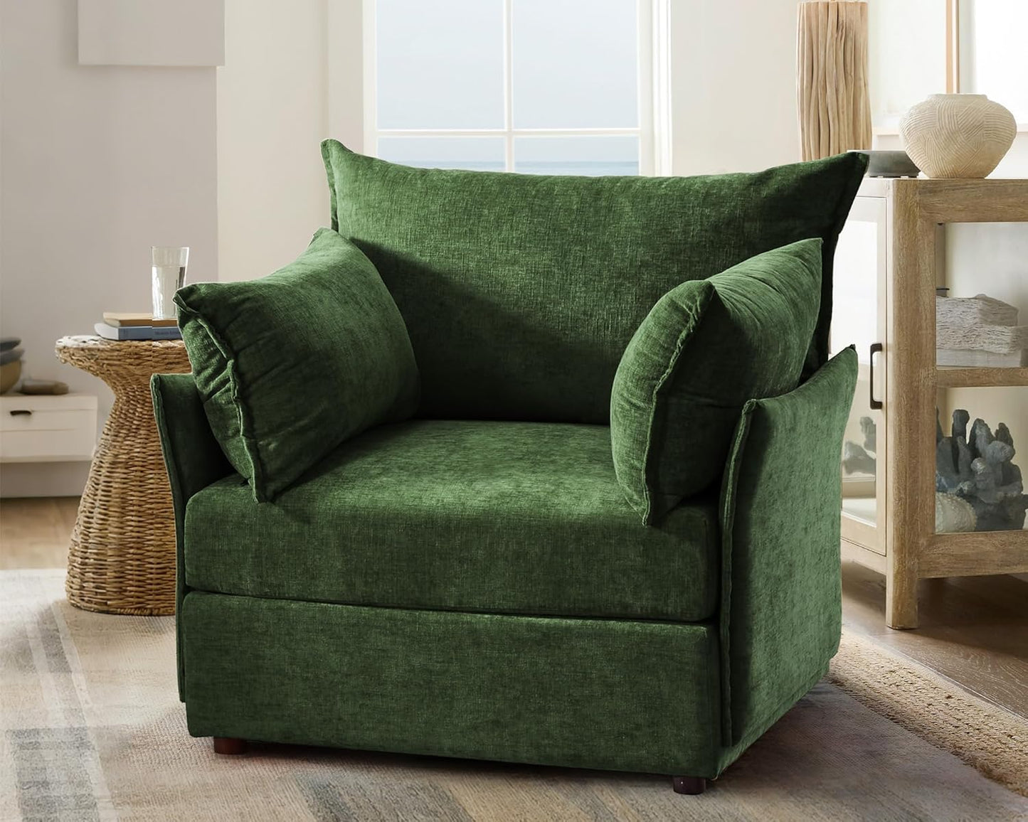 Oversized Accent Chair, Upholstered Modern Sofa Chair with Removable Backrest & Detachable Cover, 24.5" Deep Seat Large Reading Armchair for Living Room Bedroom Office - Chenille Green Set of 1