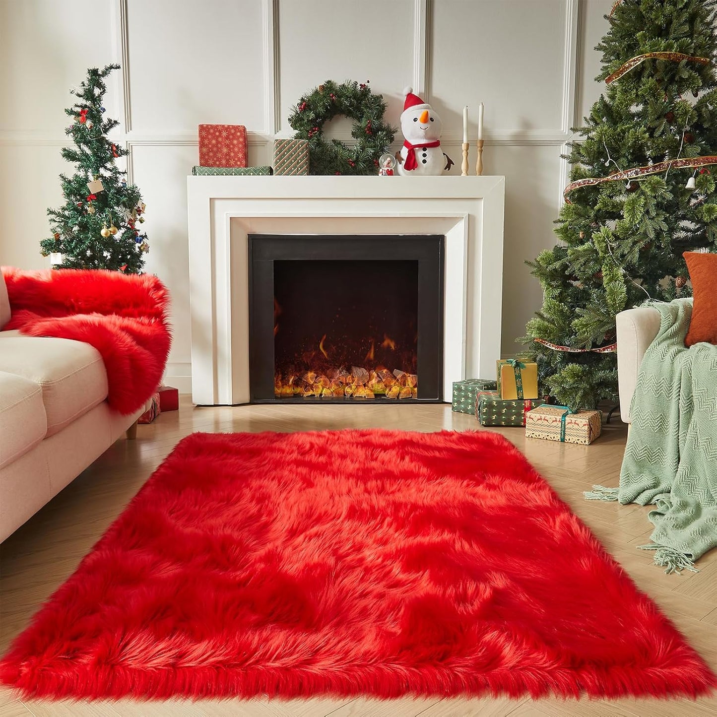 AMTOVO Faux Fur Sheepskin Rug for Living Room, 4 x 6 ft Red Fluffy Area Rug for Bedroom, Playroom, Luxury Room Decor, Rectangle