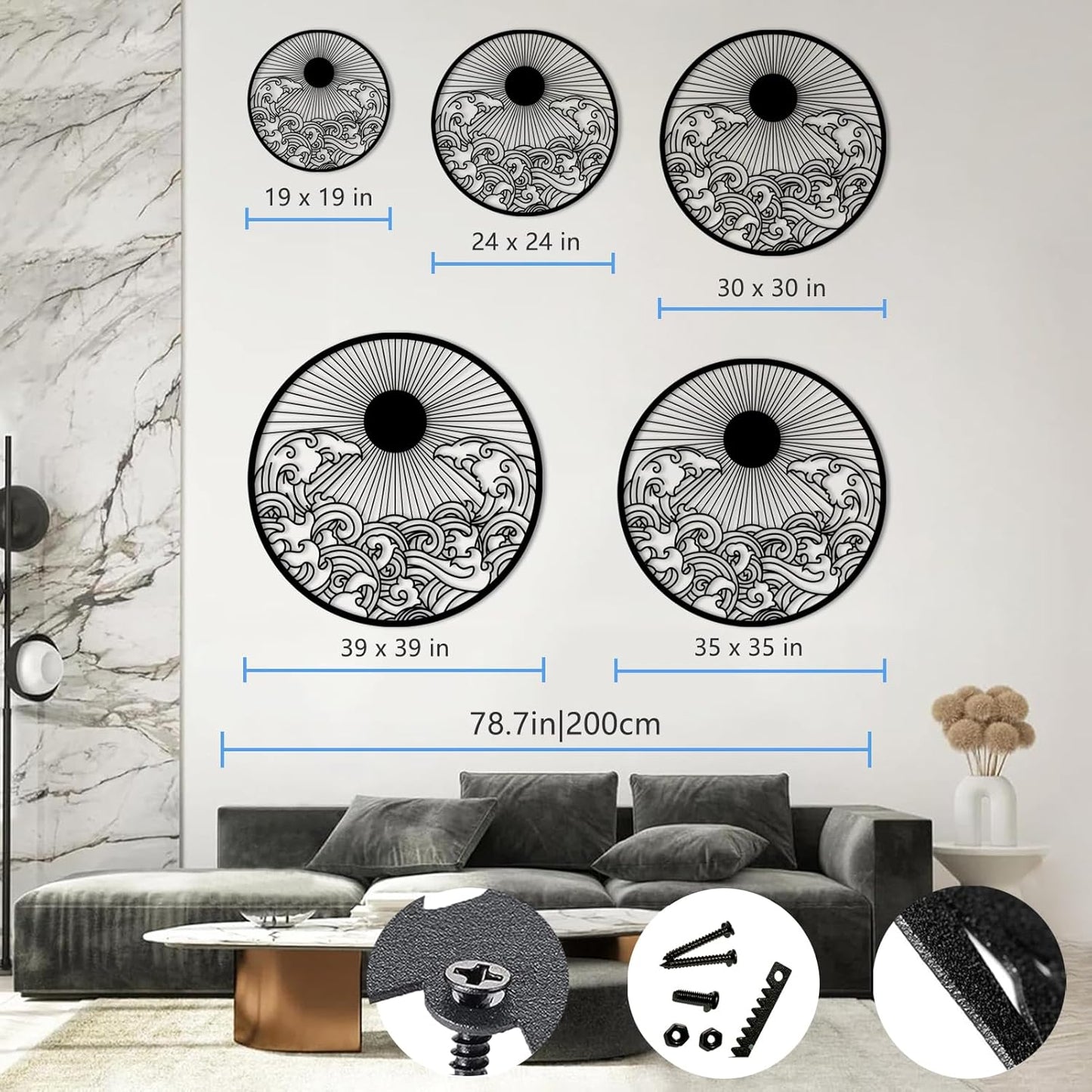 flyoak Metal Sun Wall Decor Outdoor, Sunrise Metal Wall Art, Metal Wave Wall Art, Sunrise and Wave Wall Decor, Sunburst Wall Art, Sunset Wall Art, Wall Hangings for Bedroom (Black, 19x19in|47x47cm)