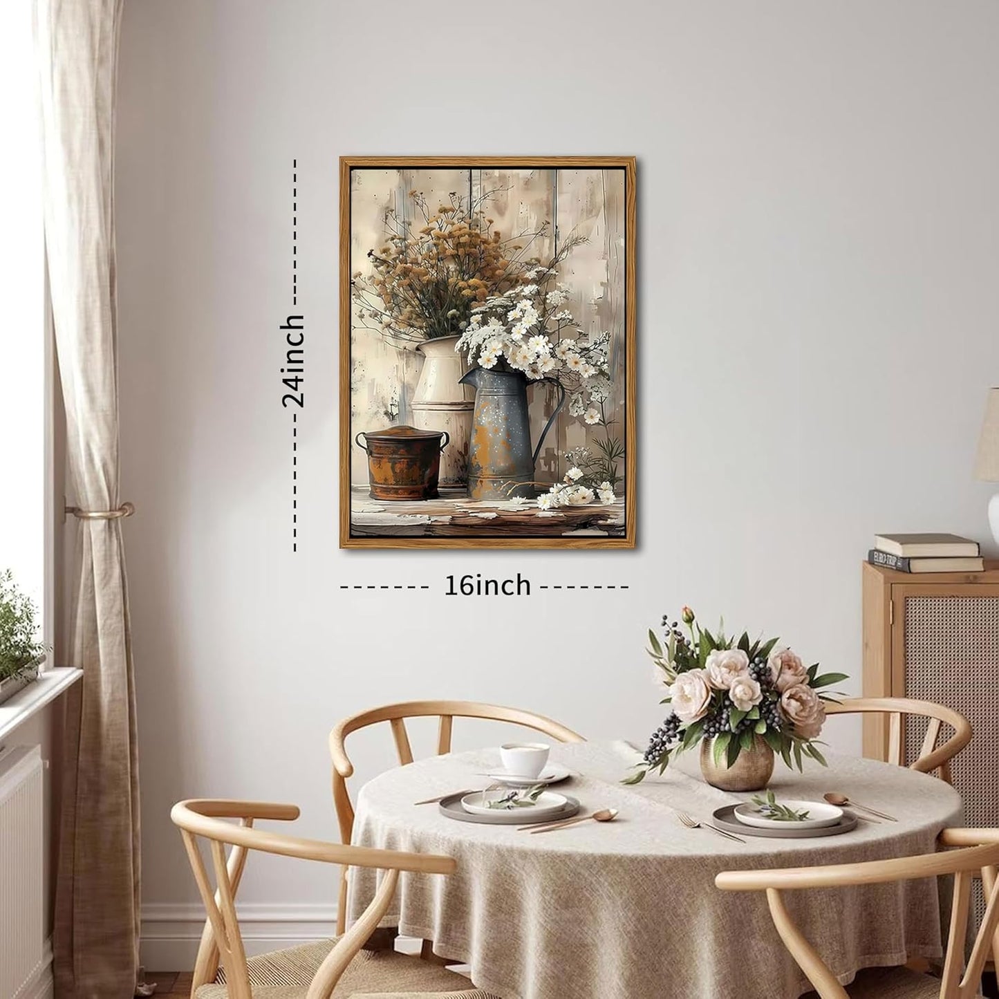Floating Framed Farmhouse Vintage Canvas Wall Art, Country Floral Daisy Pictures Wall Decor, Wood Grain Art Paintings Poster for Living Room Bedroom Bathroom Rustic Decor 16x24 inch