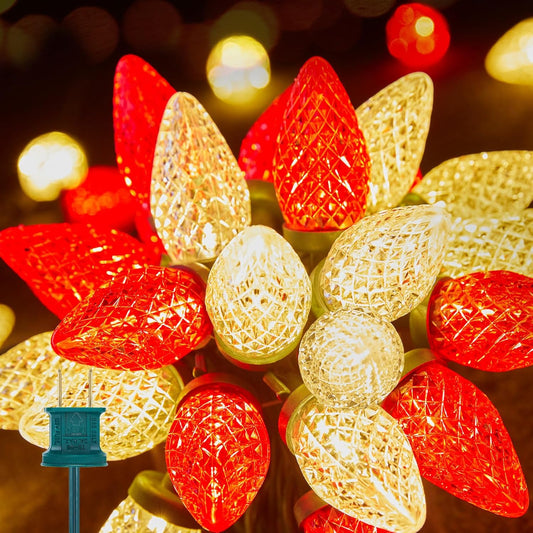Brightown Red and Warm White C9 LED Christmas String Lights, 33ft 50 LED Waterproof Strawberry String Lights, Plug-in Extendable Green Wire Lights String for Outdoor Indoor Patio Party Decoration