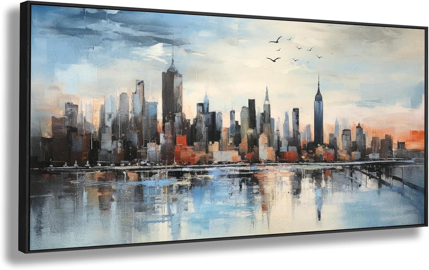 Wall Art Framed Abstract Cityscape Wall Decor Canvas Prints Blue Colorful City Theme Paintings Modern Artwork for Living Dining Room Bedroom Office Decoration 20"x40"