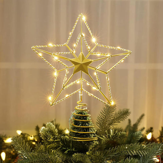 ODEERTONIC Gold Star Tree Topper, 8in Triple Layer Hollow-Out Star Tree Topper, 10 LED Warm White Christmas Tree Topper, Treetop Battery Chirstmas Tree-Top Lights for Xmas Tree Home Holiday