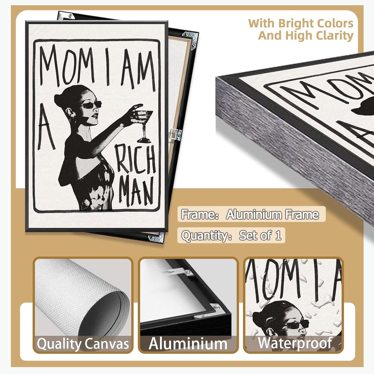 Mom I Am A Rich Man Aesthetic Retro Music Goblet Poster Feminist canvas Wall Art Vintage Bar Cart Wall Decor Preppy Dorm Decor Unique Wall Art prints painting 16x24in Framed