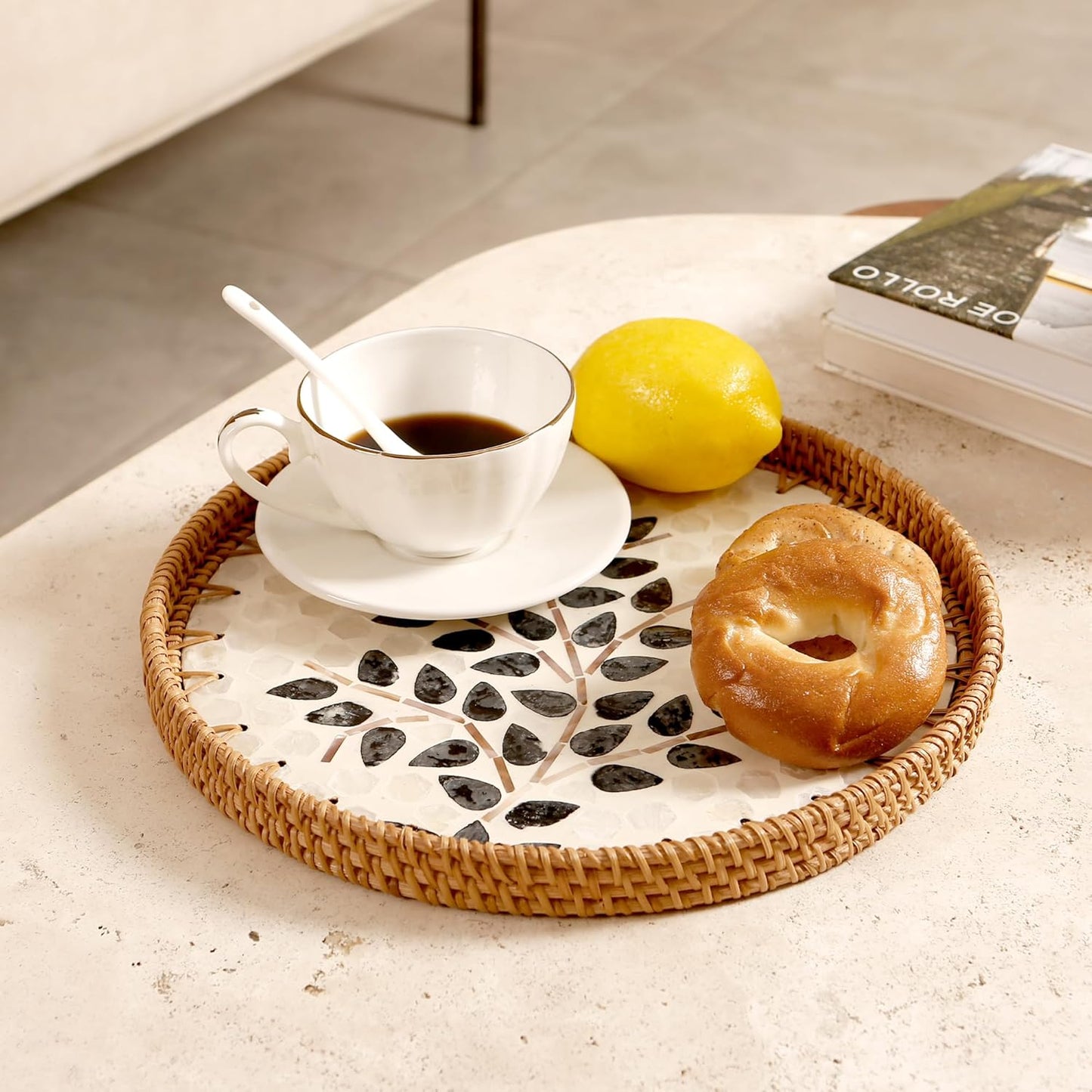 Round Rattan Tray with Mother of Pearl Inlay & Wooden Base - Decorative Wicker Serving Tray for Coffee/Bread/Fruits, Food Storage & Display - Multipurpose Home Decor (L,Little Tree)