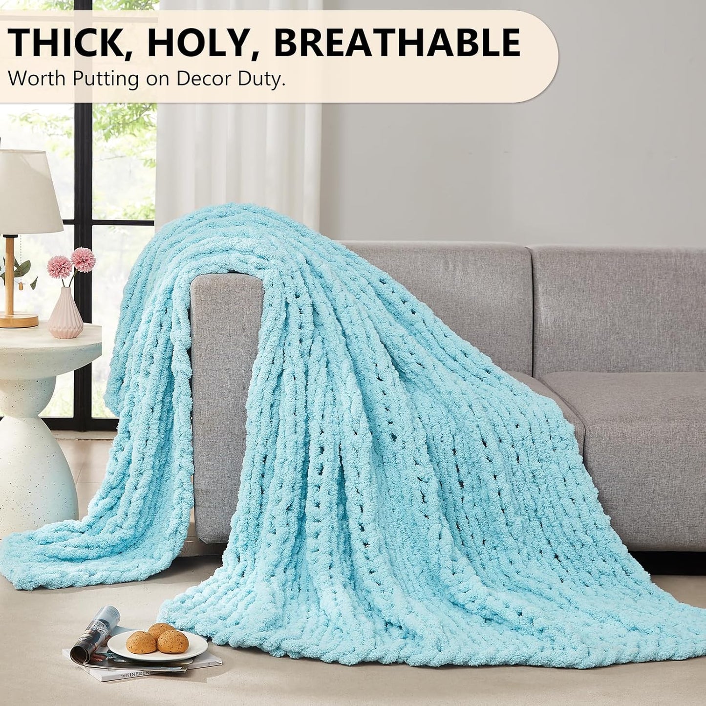 L'AGRATY Chunky Knit Blanket Throw: 72''x84'' Chenille Thick Big Cable Knit Blanket - Handmade - Light Blue