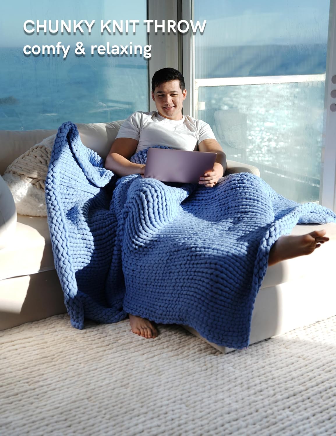 YnM Chunky Throw Blanket, Medium-Weight, Hand Knitted, Skin Friendly, Ventilated and Breathable, Machine Washable, Home Décor Piece for Couch, Sofa and Bed (Cerulean Blue, 40x50 Inch)