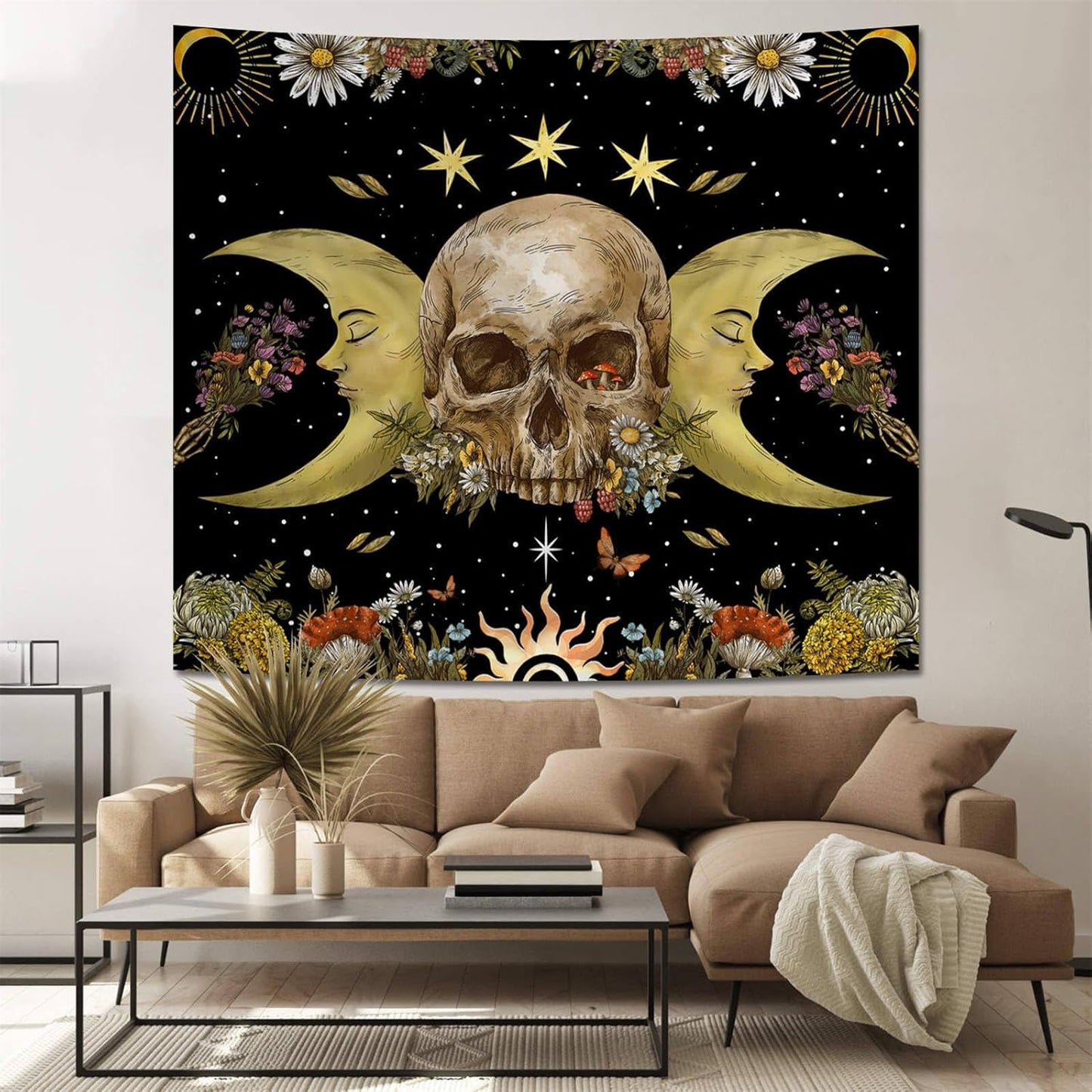 Atrippy Halloween Vintage Gothic Tapestry for Bedroom, Goth Skull Floral Wall Decor Tapestry, Sun and Moon Skeleton Flower Tapestries Aesthetic, Dark Room Decor Wall Hanging for Living Room Dorm 60x79 Inches