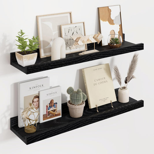 Floating Picture Ledge Shelves 24 Inch Solid Oak Wood Set of 2, Rustic Wall Storage Shelves with Lip, Kids Bookshelf, Photo & Picture Ledge Shelves for Bedroom, Living Room, Kitchen