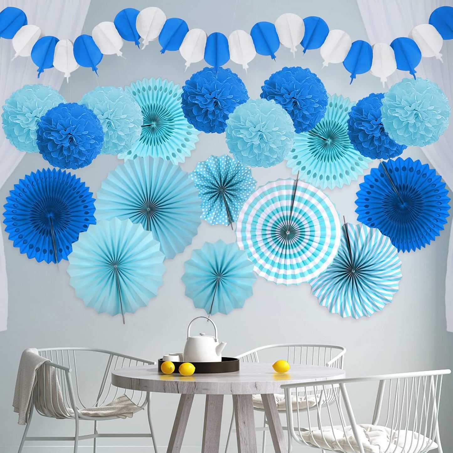 Party Decorations, Blue Papar Fans Pompoms Garlands for Men Boy Fathers Day Graduation Bachelorette Wedding Birthday Baby Showers Birthday Party Decoration