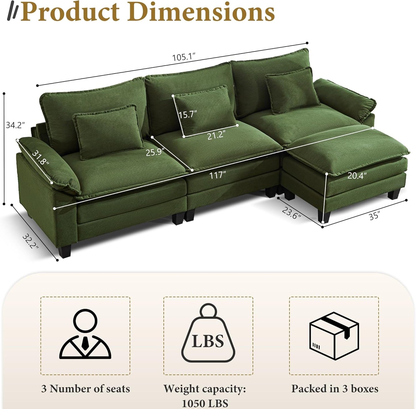 URRED Modular Sectional Sofa Comfy Cloud Couch, Modern Corduroy Sofa Sleeper Deep Seat Couches with Ottoman/Pillows for Living Room (Green, 117''- L Shape)