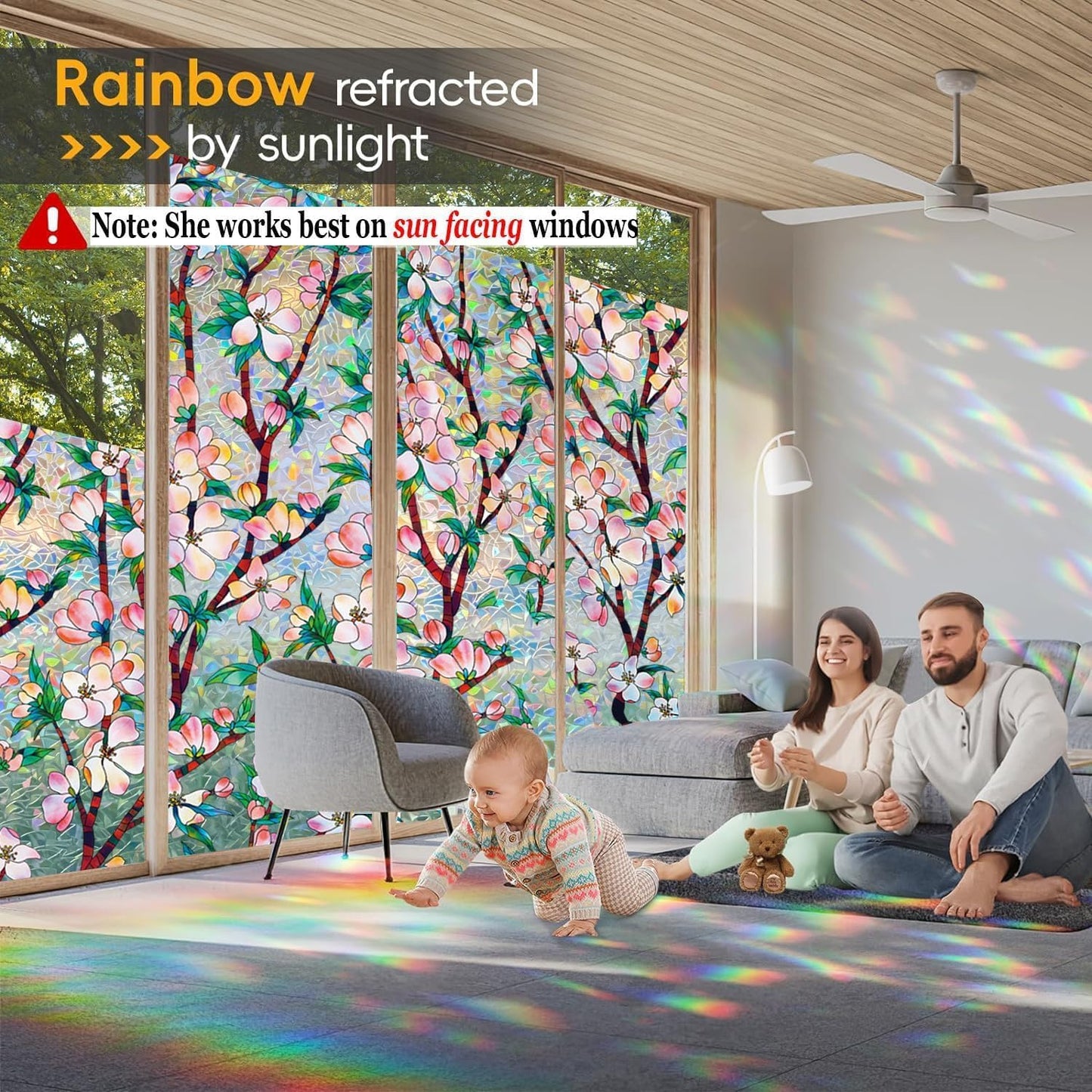 Rainbow Window Privacy Film Decorative, 3D Decals Stained Glass Clings, Static Cling Sticker, Suncatcher Windows Cover Tint for Home, 35.4 Inch x 78.7 Inch
