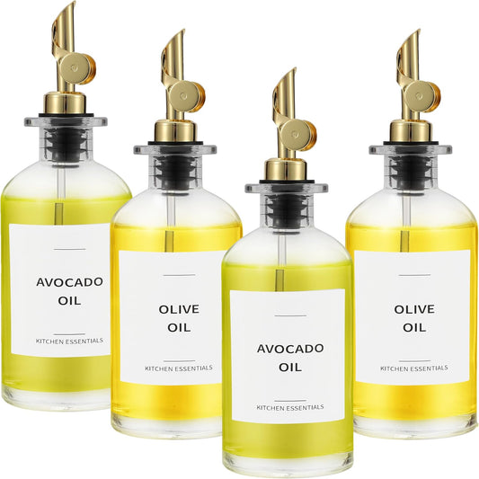Olive Oil Dispenser Bottle - Includes 55 Kitchen Essential Labels - Cooking Oil Bottles for Kitchen, Coffee Syrup Dispenser - Pourer Spout with 11.8 fl oz Glass Container Cruet - 4pcs, Gold