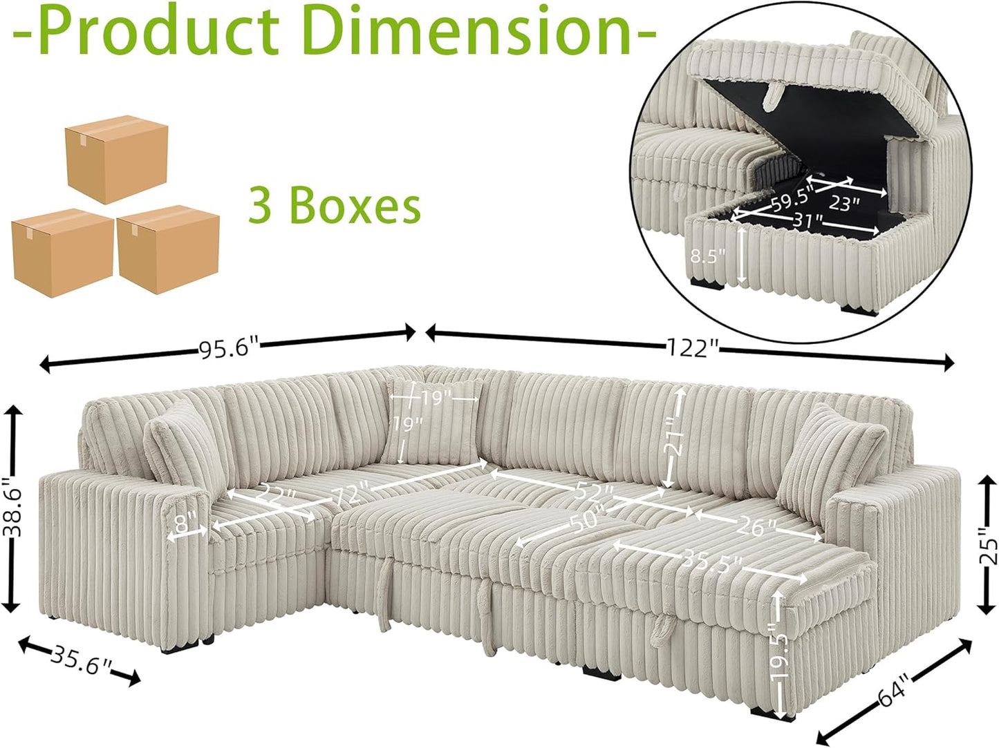 THSUPER 122-Inch Oversized U Shaped Plush Corduroy Fluffy Sectional Sleeper Sofa with Pull Out Bed, Storage Chaise Lounge and USB Charging Port - Beige