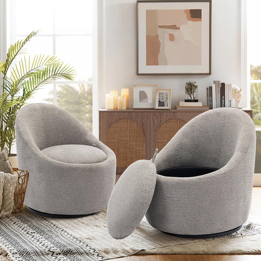 COLAMY Swivel Accent Chair Set of 2, 360° Swivel Round Chair with Hidden Storage, Modern Small Barrel Armchair for Living Room/Bedroom, LightGrey