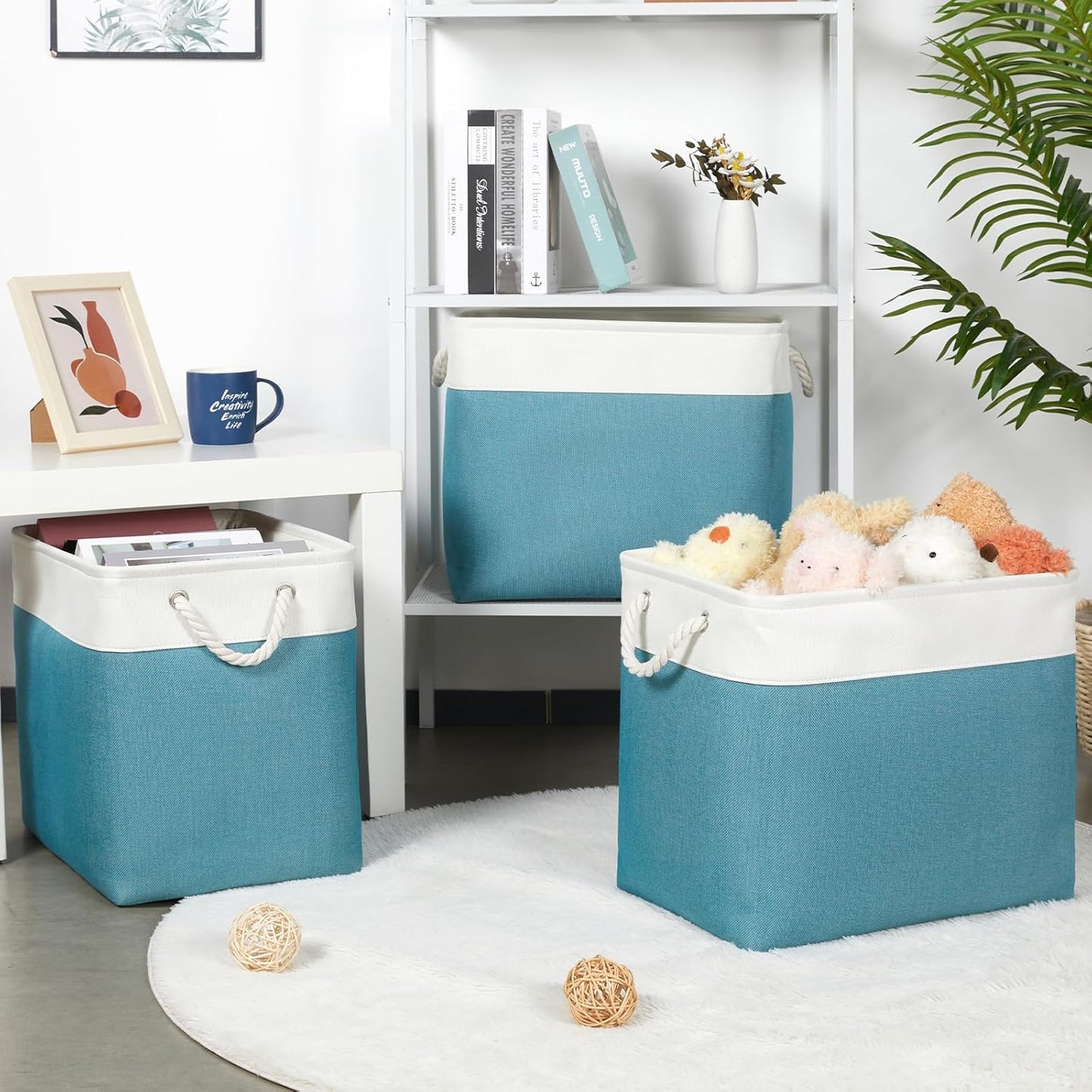 Bidtakay Extra Large Storage Baskets for Shelves 3 Pack Fabric Storage Bins for Organizing Linen Collapsible Organizer for Closet-White&Teal