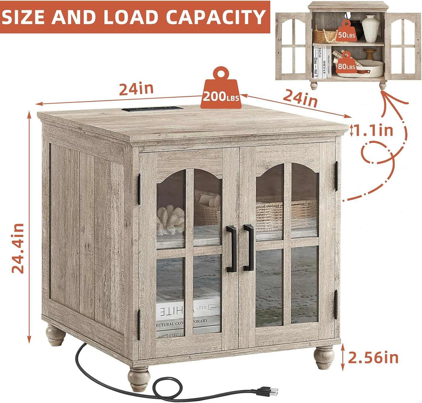 Farmhouse 24" End Table Set of 2 with Charging Station, Large Sofa Side Table with Glass Barn Door,Wood Night Stand with Adjustable Storage Shelf,Square Bedside Table for Living Room,Bedroom