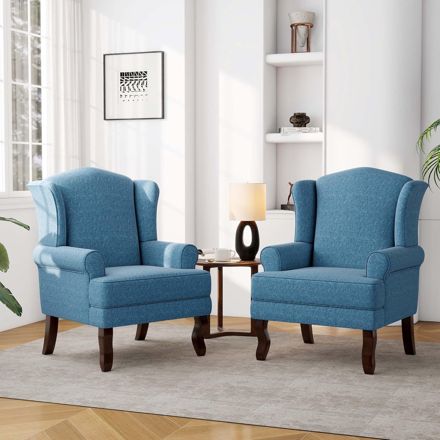 Accent Chair, High Back Upholstered Armchair with High Resilience Sponge & Wood Legs, Mid-Century Modern Comfy Single Sofa Reading Chairs for Living Room, Bedroom (Blue, Set of 2)