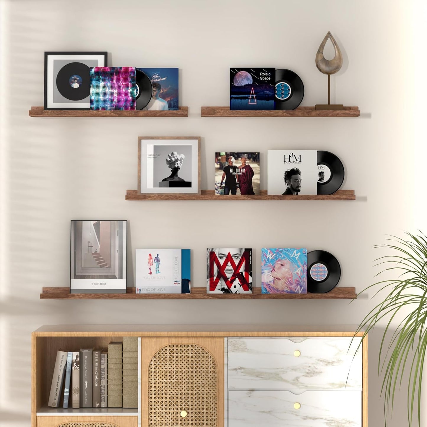 Fun Memories Picture Ledge Shelf, 48 Inch Floating Shelves Set of 2, Large Nursery Book Shelves for Toys Storage, Kids Bookshelf Wall Mounted for Wall Decor Books Photo Frames, Walnut