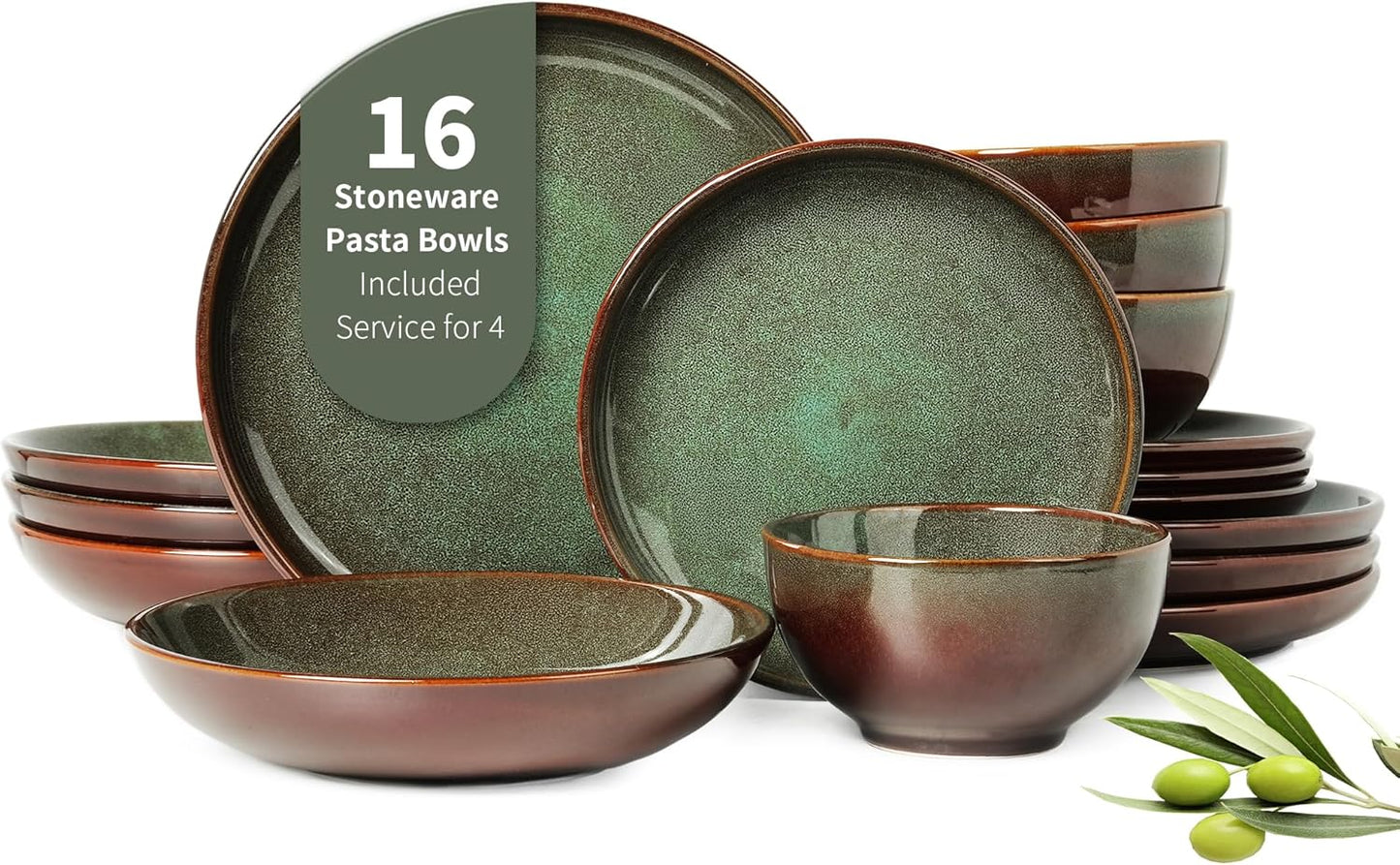 16 Piece Double Bowl Dinnerware Sets with Pasta Bowls, Highly Chip and Crack Resistant Plates and Bowls Sets, Natural Earthyware Ceramic Dishware Sets, Service for 4 Sage Green