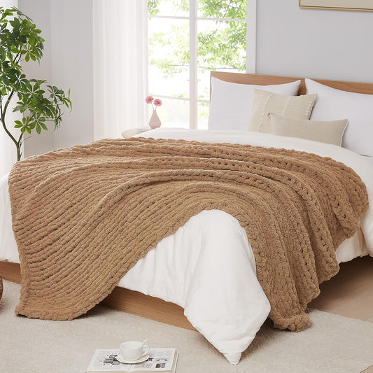 L'AGRATY Chunky Knit Blanket Throw: 80''x90'' Chenille Chunky Knitted Throw Blankets for Bed Couch - Handmade Thick Big Cable Knit Blanket - Large Crochet Rope Blankets for Home Decor(Tan)