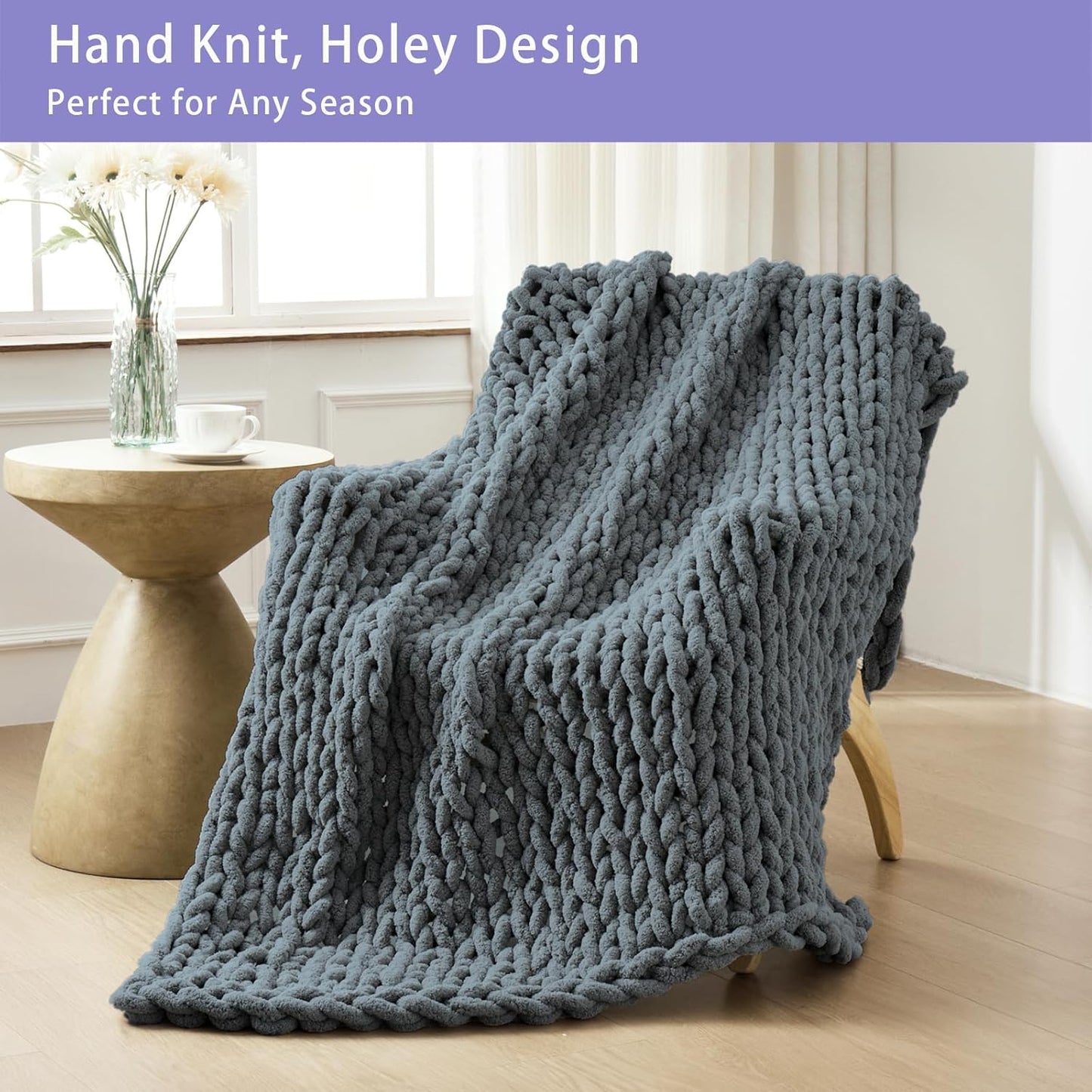 Bigacogo Chunky Knit Throw Blanket for Couch, 80x90 inches, 100% Hand Knitted with Thick Jumbo Chenille Yarn, Cozy Soft Large Rope Knot Cable Crochet Blankets for Sofa Bed Living Room, Iron Gray