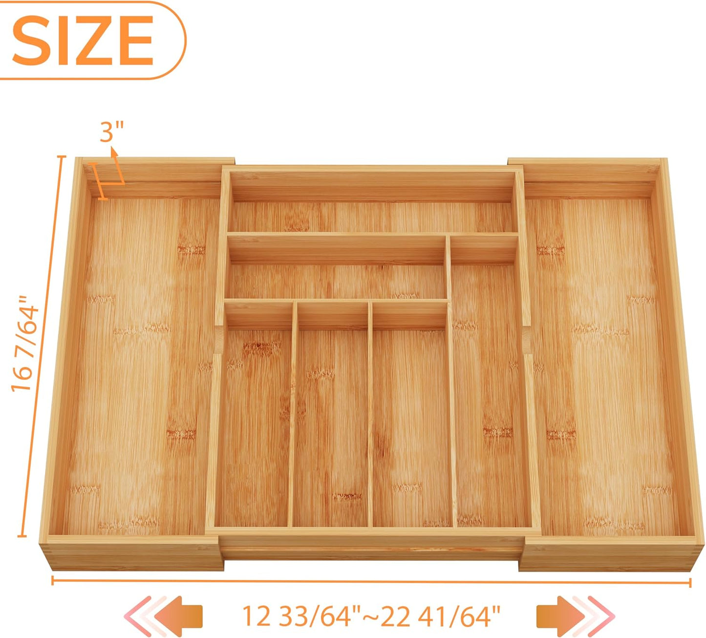 BAMEOS 3" Deepth Expandable Drawer Organizer, Deep Flatware Organizer, Adjustable Silverware Organizer, Bamboo Drawer Organizer for Kitchen, Bathroom (Natural)