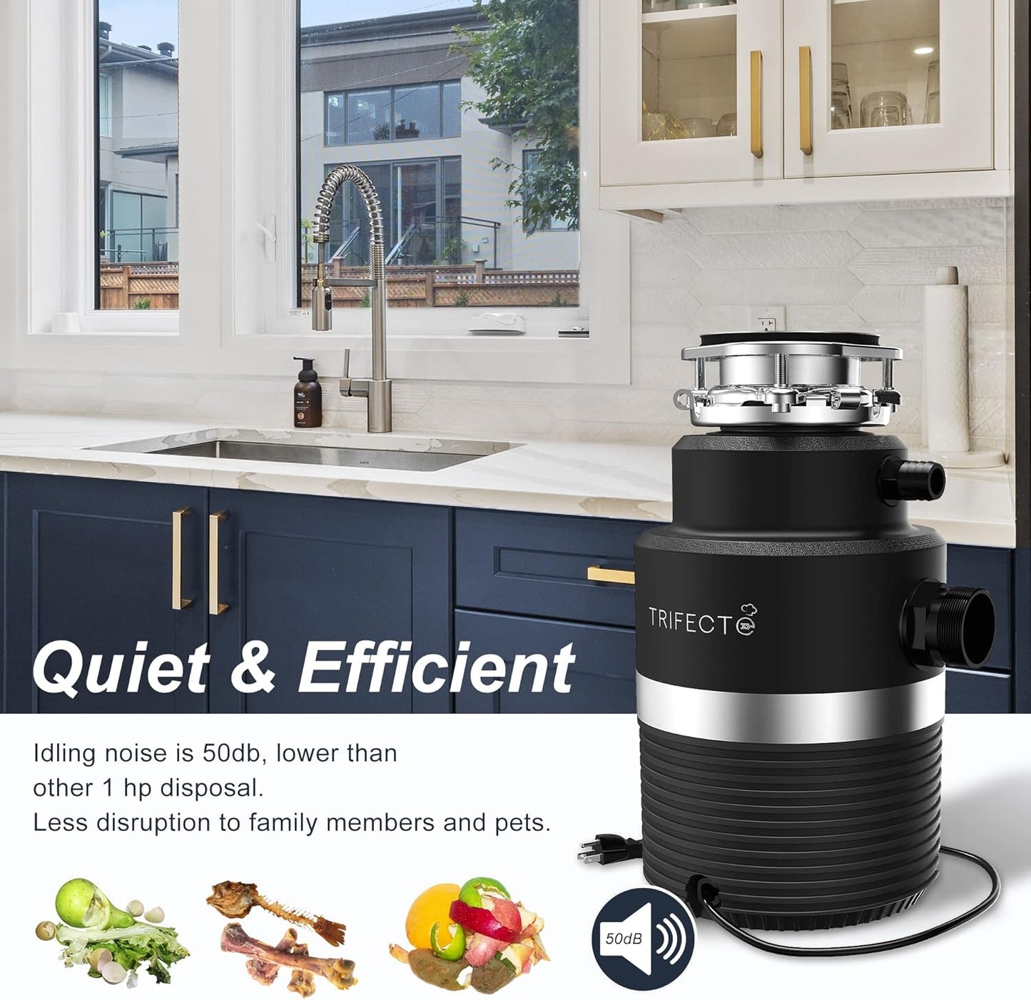 Trifecte Series 1 HP Continuous Feed Garbage Disposal with Sound Reduction, Power Cord, Stainless steel Flange,Splash Guard, Wrench Included, Black
