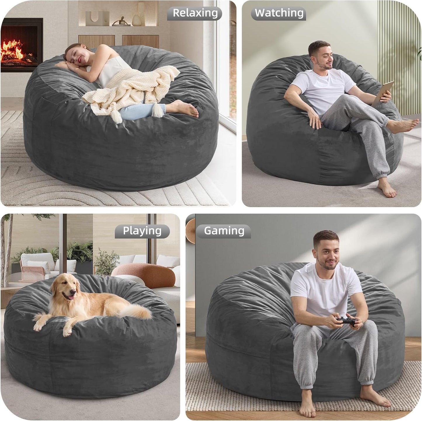Hobestluk 5FT Bean Bag Chair Giant Bean Bag Chairs for Adults Large Bean Chairs with Removable Cover, Beanbag Chair with Filler, Adult Bean Bag Chairs for Living Room, Bedroom