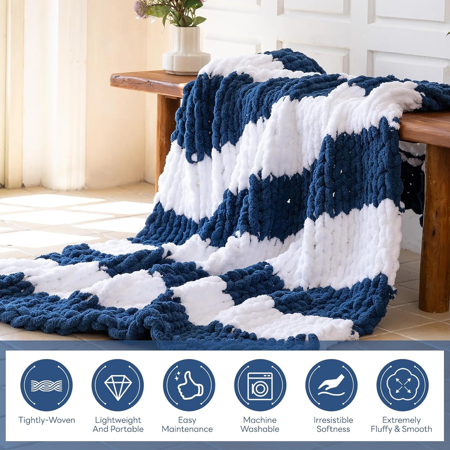 Chunky Knit Blanket - Luxury Soft Cozy 60 * 80 Throw Blanket,100% Woven Blanket Rope Knot Throw Blanket for Couch, Sofa, Home Decor, Gift - Machine Washable（White/Deep Blue）