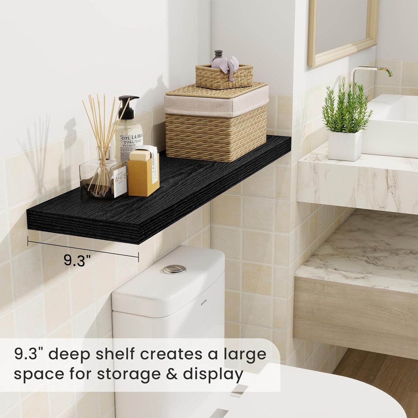 36 Inch Floating Shelves, 9.3 Inch Deep Rustic Wall Shelves - Extra Deeper Wall Mounted Storage Shelves for Bathroom, Kitchen, Living Room (Black, Set of 2)