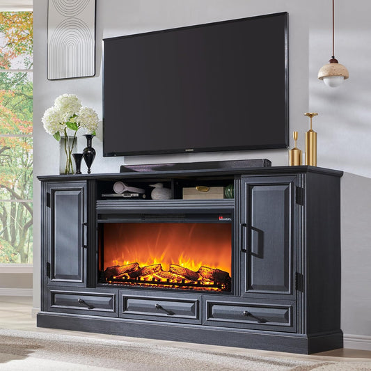Fireplace TV Stand for 80 Inch TV, 35.7" Tall Farmhouse Entertainment Center W/36'' Electric Fireplace, Media Console with Large Storage Cabinets and Drawers for Living Room, Black