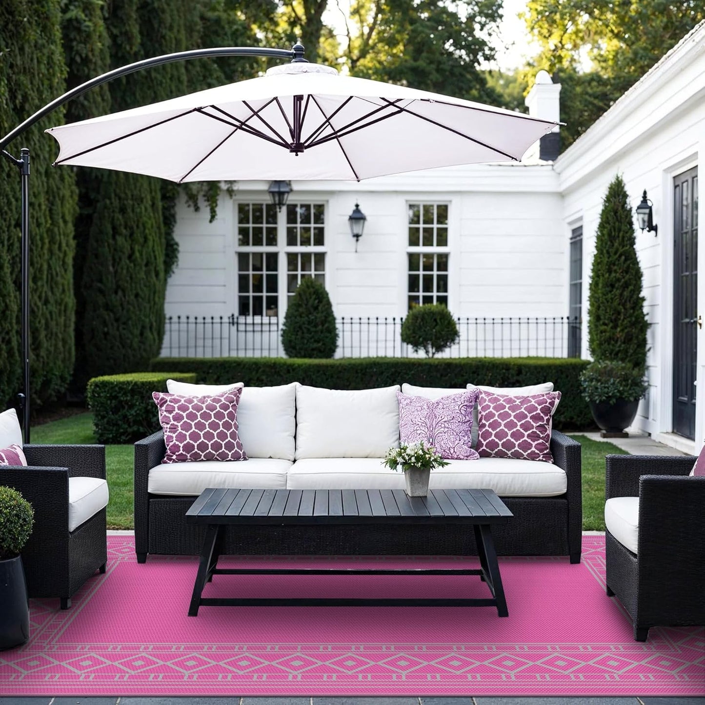 GENIMO Outdoor Rug Waterproof 6'x9' for Patio, Foldable Reversible Plastic Straw Carpet for Travel Trailers, Outside Area Mat for Rv, Deck, Picnic, Porch, Camper, Balcony, Beach, Pink & Grey