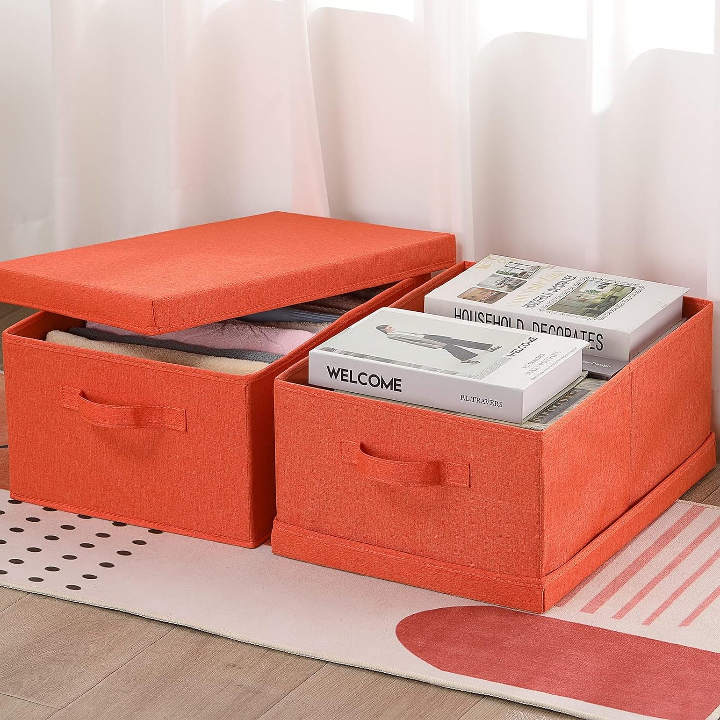 HOONEX Storage Bins with Lids for Organizing, Pack of 2, Storage Boxes with 2 Carrying Handles and Sturdy Heavy Cardboard, 16.5" L x 11.8" W x 7.5" H for Shoes, Books, Clothes, Nursery, Orange