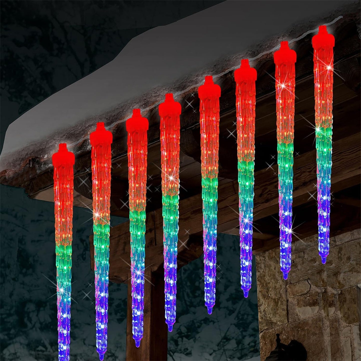 WATERGLIDE 16 Icicles Meteor Shower Lights, 12" Outdoor Christmas Icicle 384 SMD LED Crystal Ice Falling, Connectable Raindrop, Xmas Winter Party Tree Holiday Decor, Multicolor