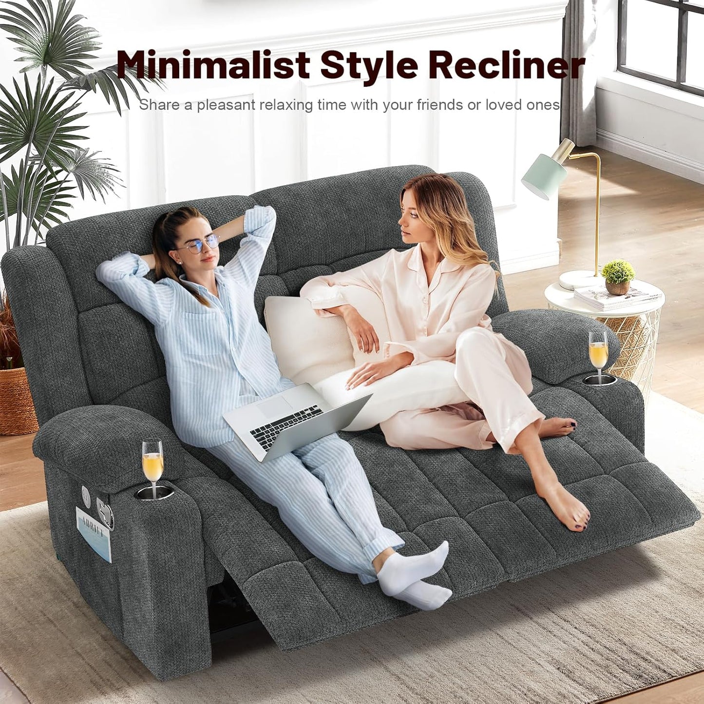 Loveseat Recliner Sofa Set with 2+1+1 Pieces, 2 Seater Minimalist Style Fabric Manual Pull Tab Reclining Loveseat with USB Charge Ports, Cup Holders, Recliner Couches for Living Room, RV, Gray