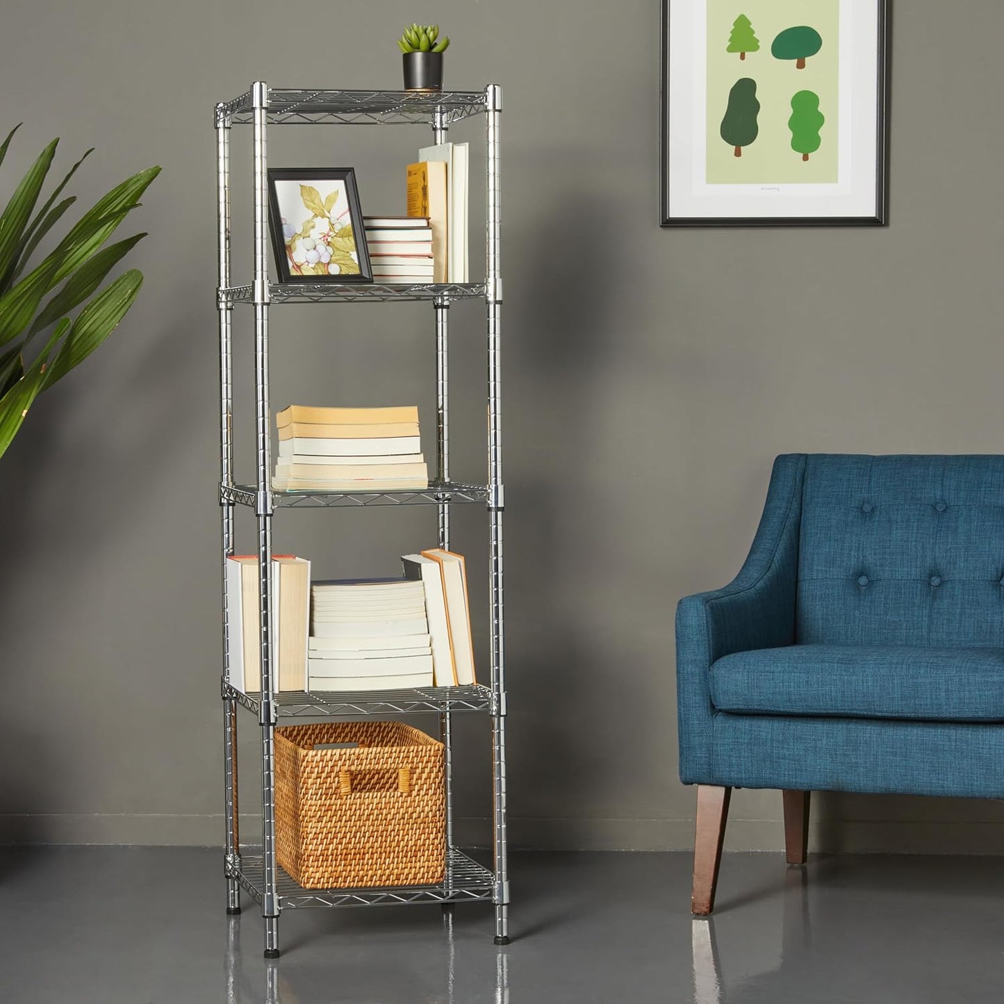 Amazon Basics 5-Shelf Tower Adjustable Storage Shelving Unit, Chrome, 16 D x 16 W x 54 H in