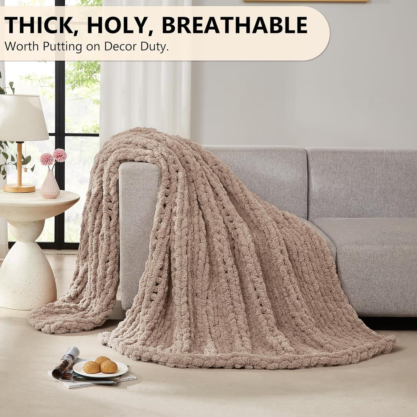 L'AGRATY Chunky Knit Blanket Throw: 60''x80'' Chenille Chunky Knitted Throw Blanket for Bed Couch - Handmade Thick Big Cable Knit Blanket - Large Crochet Rope Blanket for Home Decor(Light Taupe)