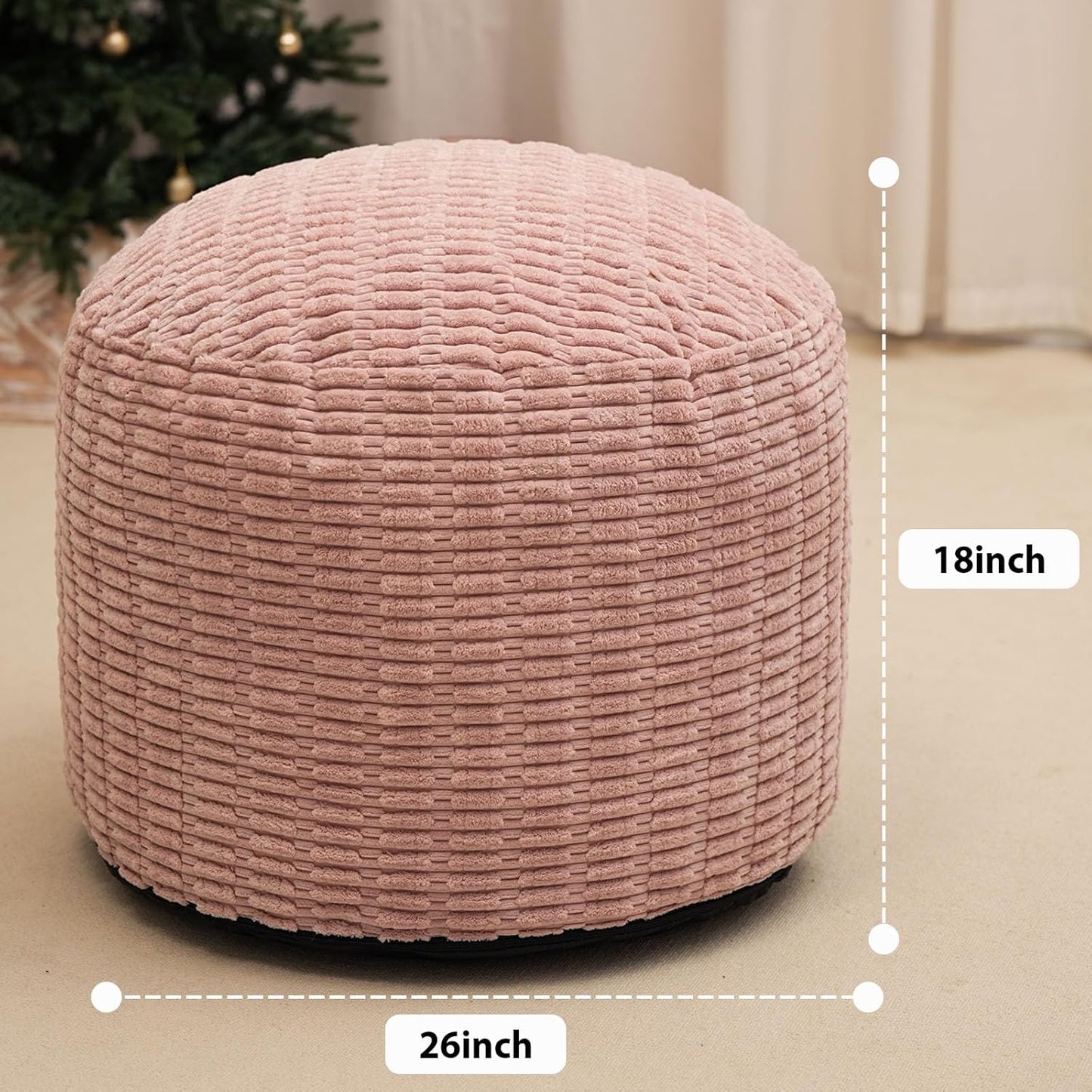 Round Stuffed Pouf Ottoman for Foot Rest, Storage Ottoman Pouf Foot Stool Cushion, Faux Fur Poufs with Foam Chunk Filling, 26 X 18 Inch Floor Chair for Living Room Bedroom Home Decor, Pink