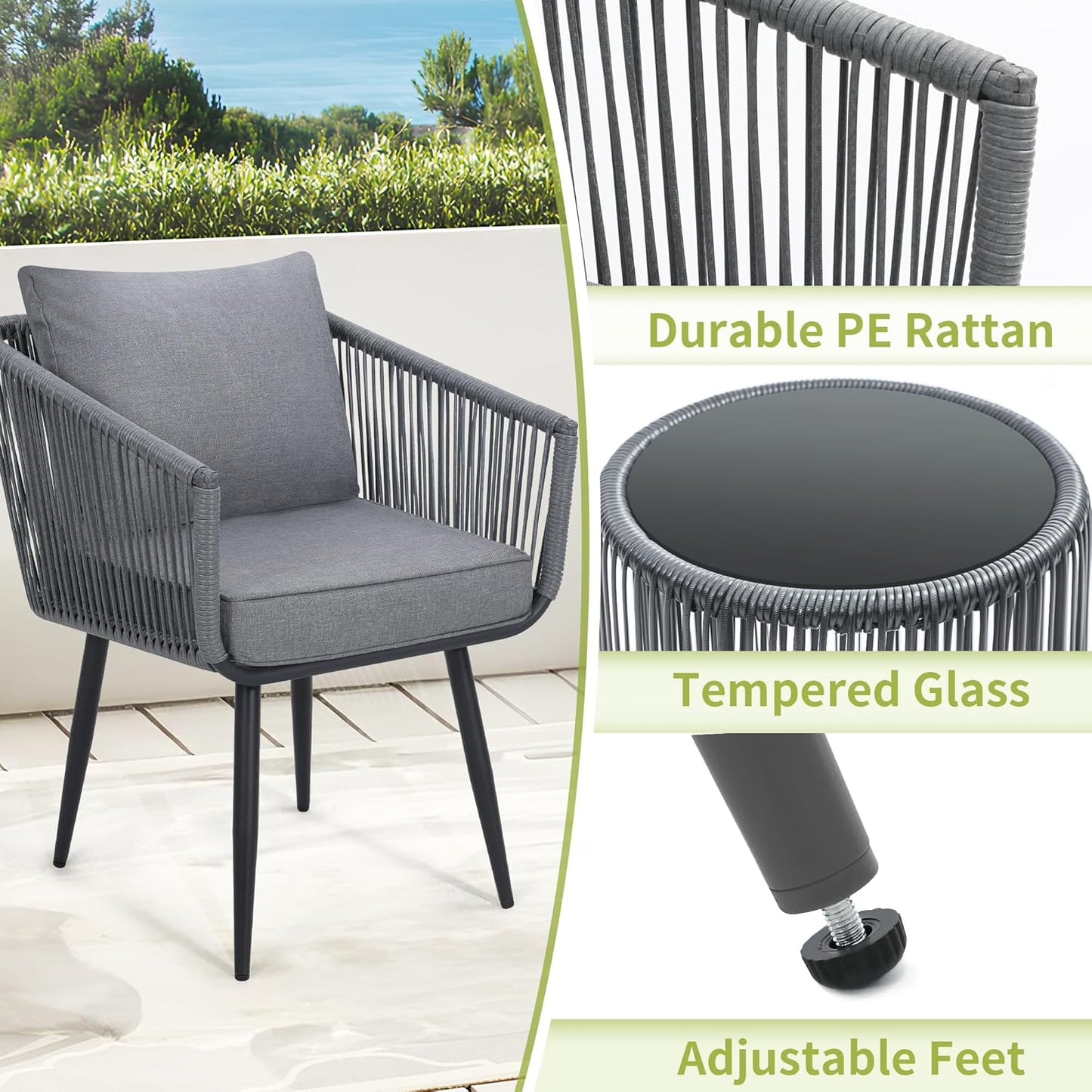 Kromax 3 Pieces Patio Rattan Bistro Conversation Set, Outdoor All-Weather Wicker Furniture Chairs and Side Table Set Ideal for Balcony, Porch and Backyard, Grey