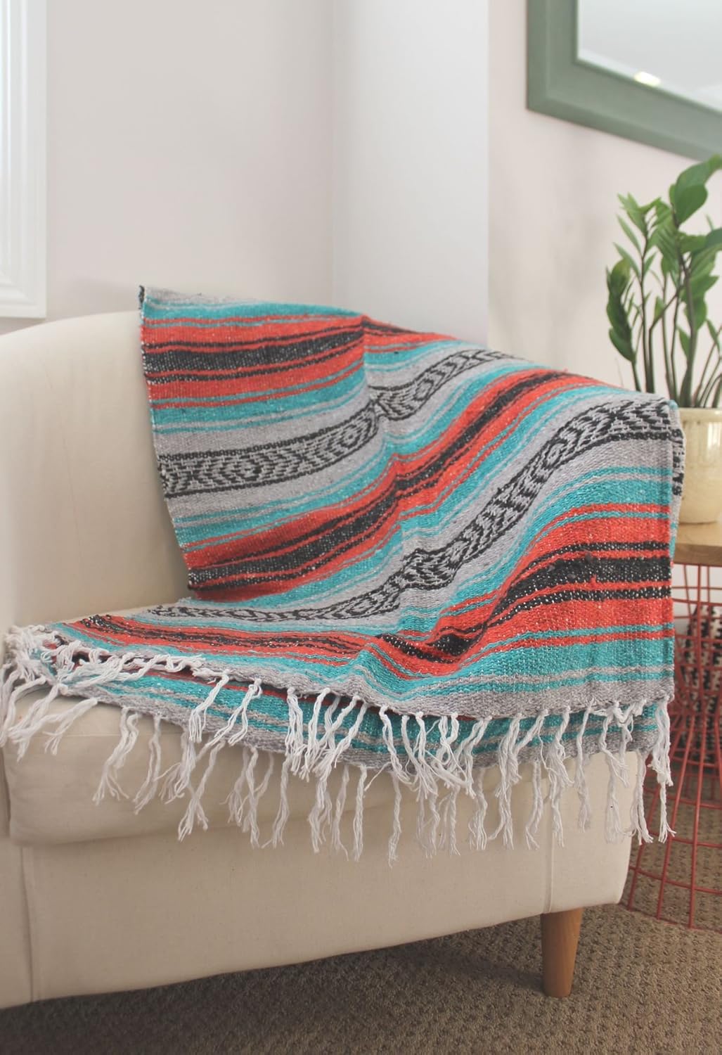 Del Mex Classic Mexican Blanket, Large Authentic Woven Falsa Throw (70"x50"), Artisan Southwest Décor for Beach, Yoga, Outdoors (Mint/Orange/Gray)