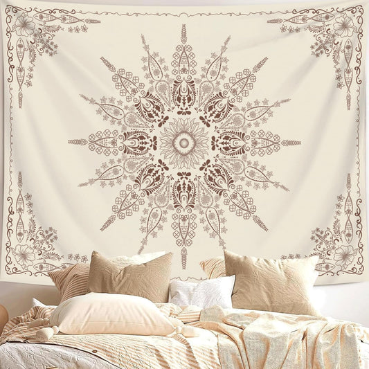 FORATER Floral Bohemian Tapestry, Flower Aesthetic Indian Wall Hanging Boho Tapestries Mandala Room Decor Tapestry for Bedroom Living Room Dorm (Flaxen, 82L x 61W)