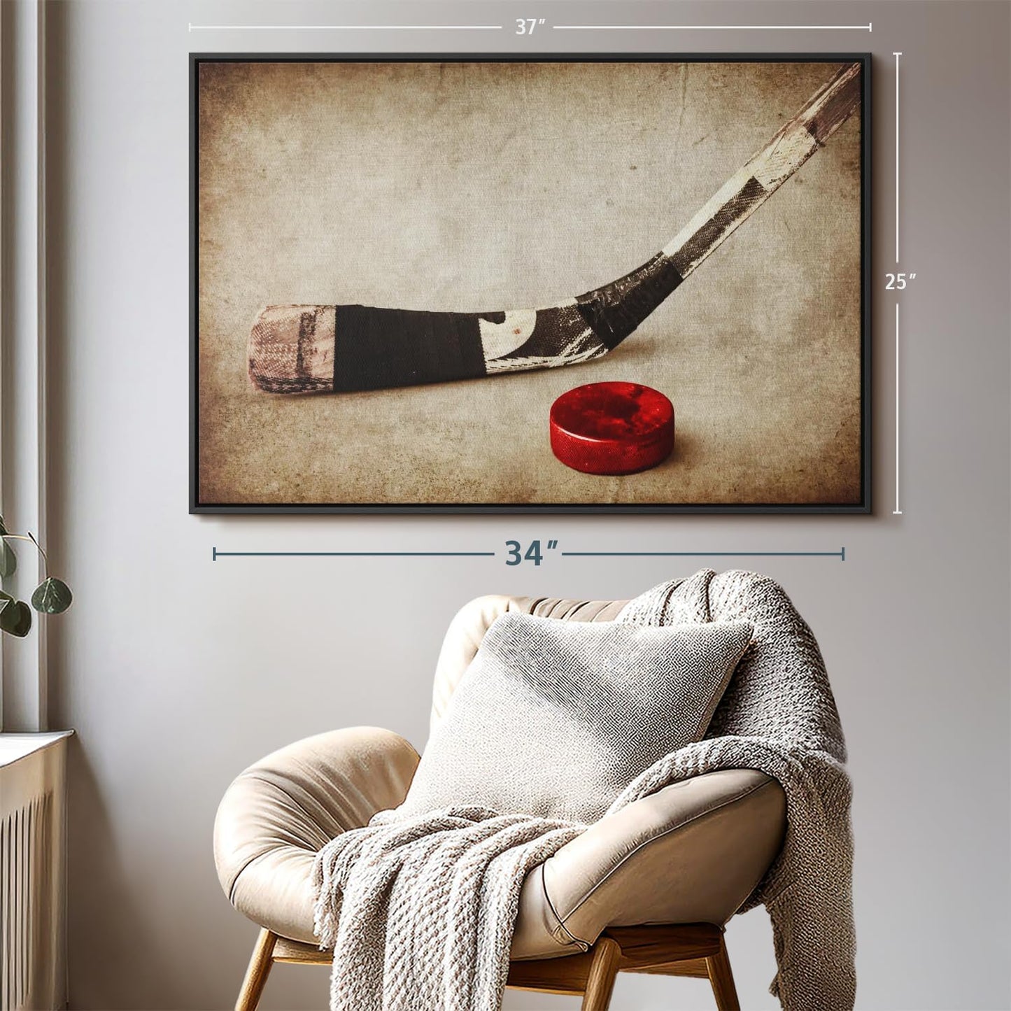 Elephant Stock Vintage Ice Hockey Wall Art - Horizontal Framed Canvas - 1-Piece Hallway Wall Decor - Photography Sports Canvas Print - Brown and Beige Decor for Wall - 37" X 25"