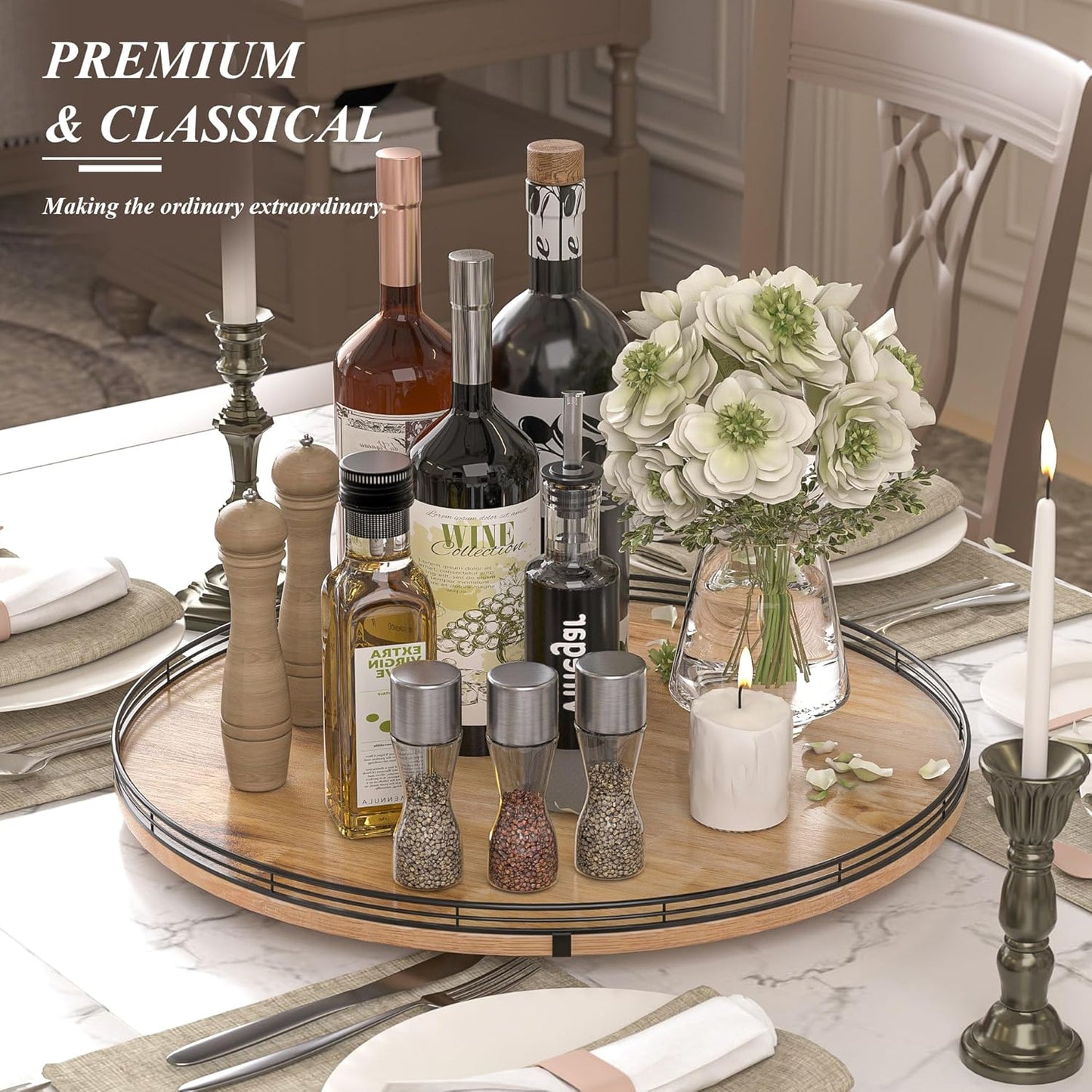 21" Lazy Susan Oak Wood Turntable Organizer for Cabinet, Farmhouse Round Wooden Large Lazy Susan Organization and Storage for Dining Table, Pantry, Kitchen, Countertop, Cupboard, Home Decor