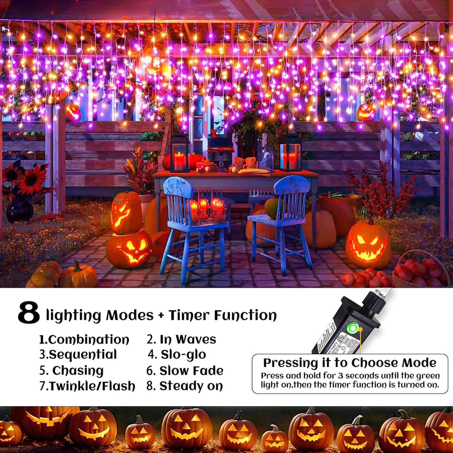 Orange and Purple Halloween Lights Outdoor Indoor, 33ft Icicle Lights for Outside 400 LED Twinkle Christmas Light with 75 Drops Clear Wire Short Curtain Light for House Party Tree Holiday Yard Decor