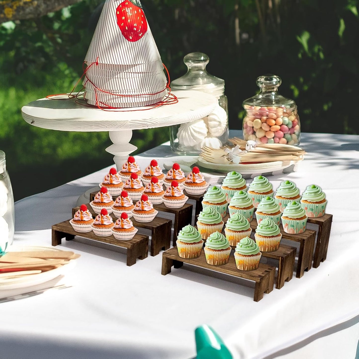 Large Display Wood Risers Wooden Stand 8 Tier Wood Racks Decorative Rectangular, 2 Set 8 Pieces Cupcake Stands Cologne Perfume Organizer Showcase Items(Brown)