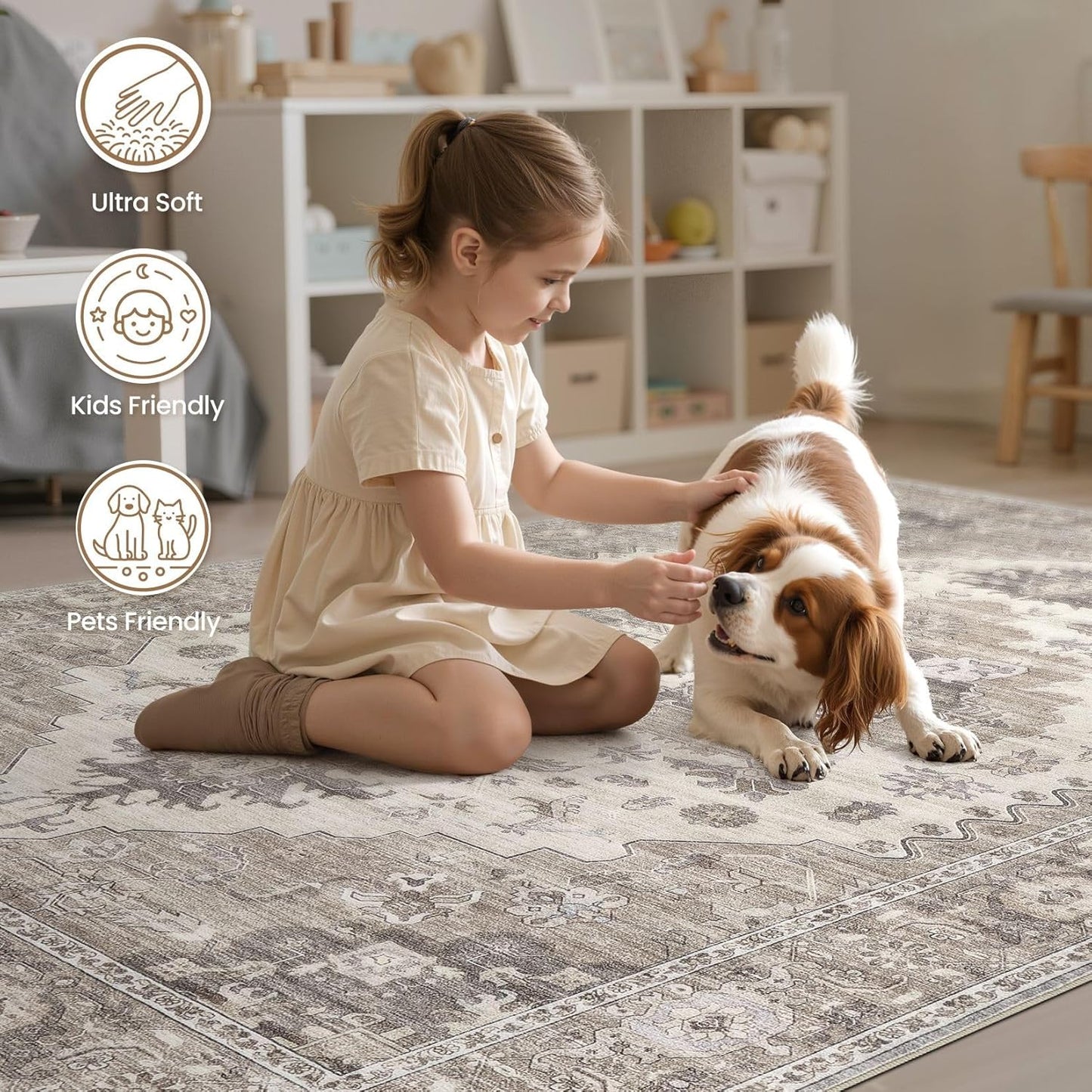 Washable Area Rugs for Living Room -8x11 Neutral Vintage Distressed Floral Farmhouse Boho Large Soft Floor Rug Indoor Non Slip Carpet for Living Room Bedroom Dining Room Office-Brown/Beige