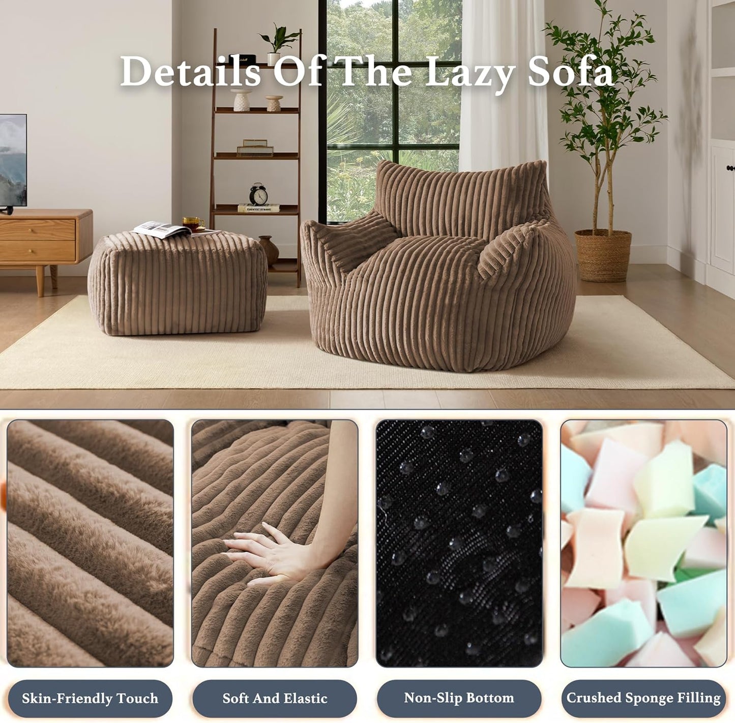 Oversized Bean Bag Chaise Lounge Chair Indoor for Adults with Armrests & Ottoman - Giant Comfy Khaki Beanbag Floor Sofa Cloud Accent Chair for Reading, Gaming, Cozy Plush Cloud Mini Couch