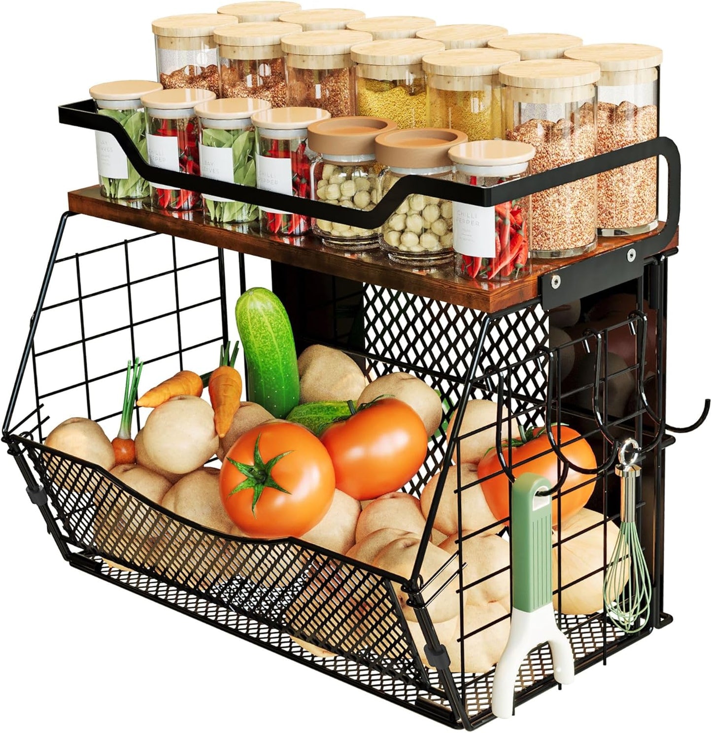 Magnetic Shelf for Fridge with Wood Lid, Magnetic Spice Rack for Refrigerator Large Capacity Sturdy with 4 Hooks,Magnetic Basket for Kitchen Pantry Laundry (1 Set with Buckles)