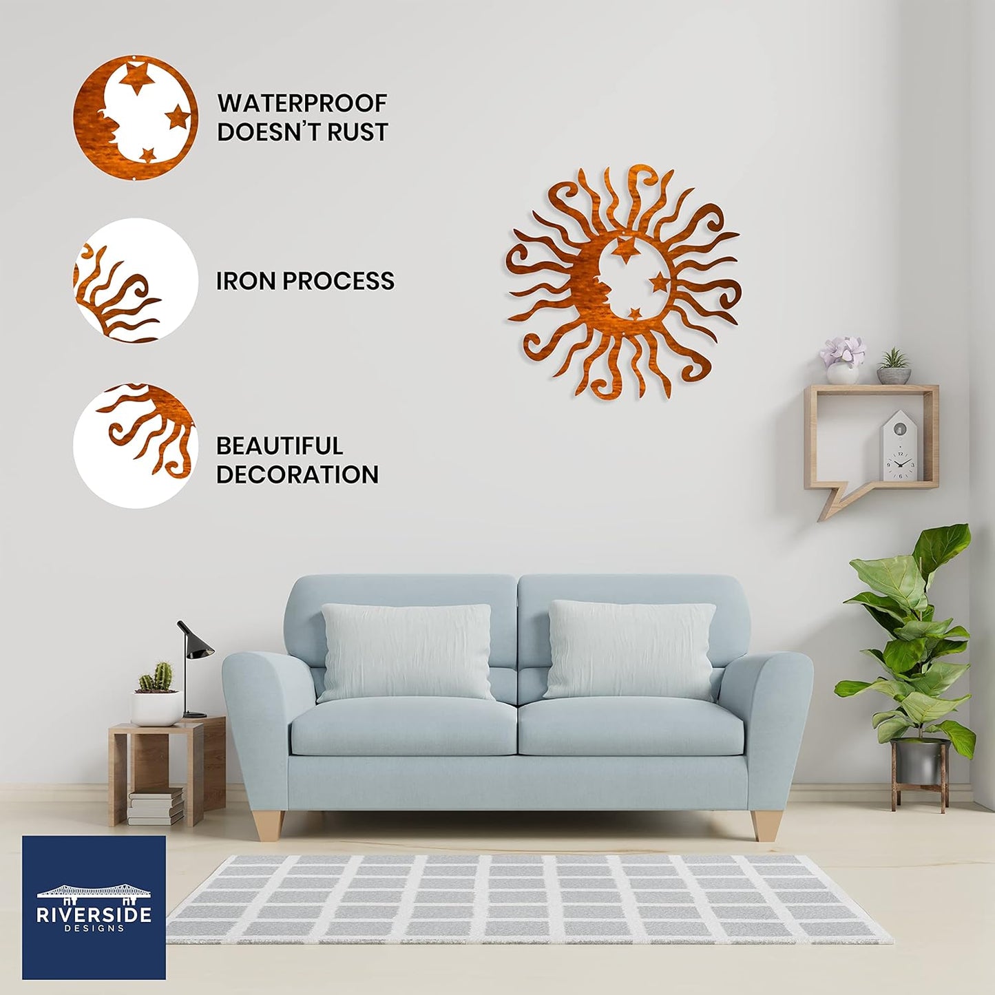 Riverside Designs Wacky Solar Moon Metal Wall Art Steel Outdoor Decor | Heavy-Duty and Waterproof | Made in USA (Copper, 30L x 30W)